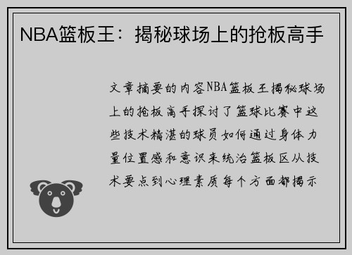 NBA篮板王：揭秘球场上的抢板高手